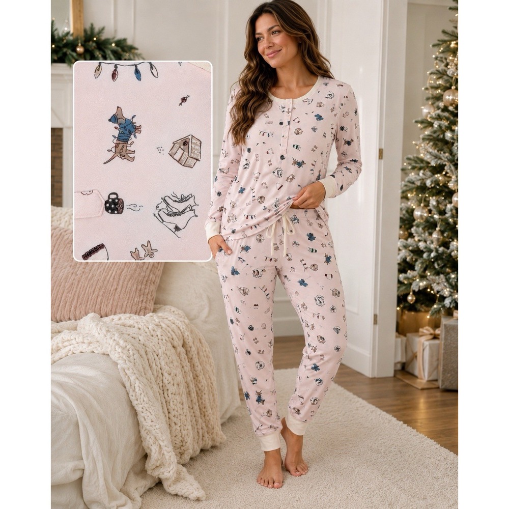 KATE SPADE Women Pajama Pant Set S Jersey Blush Pink HOLIDAY Dachshund Henley